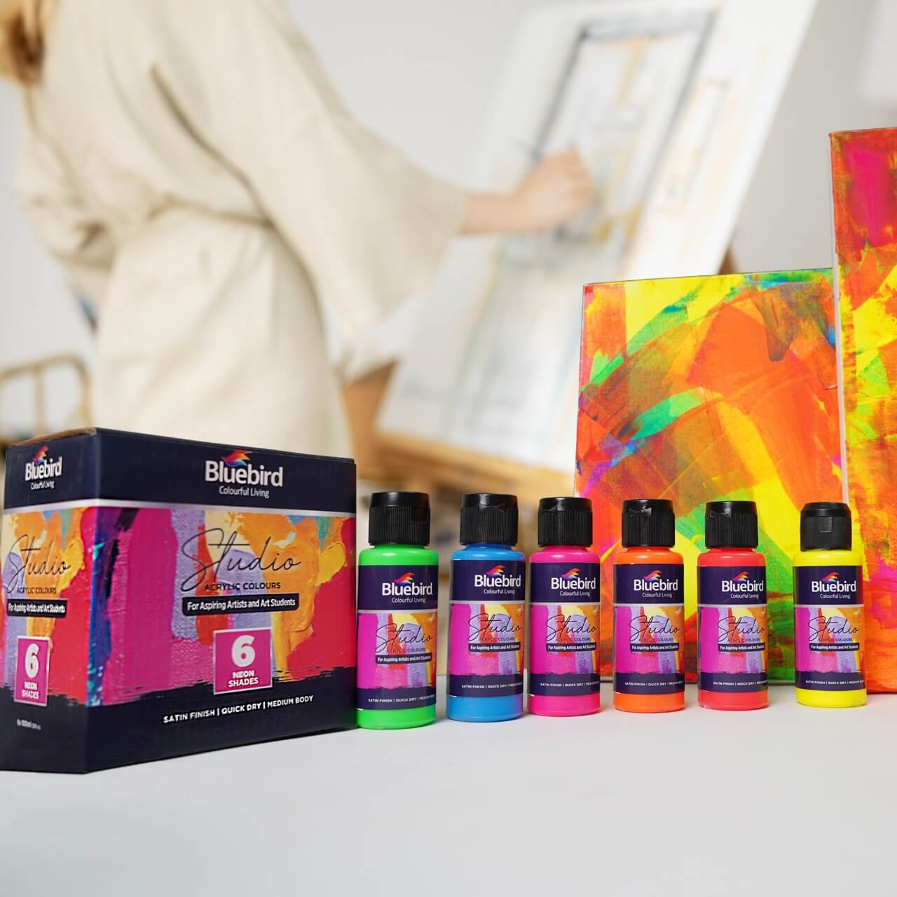 Studio Acrylic Colours - 100 ml - Set of 6 Neon Shades - Image 2