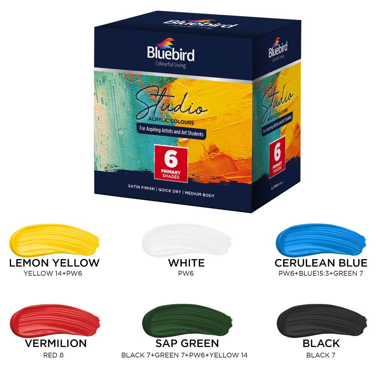 Studio Acrylic Colours - 100 ml - Set of 6 Primary Shades - Image 3